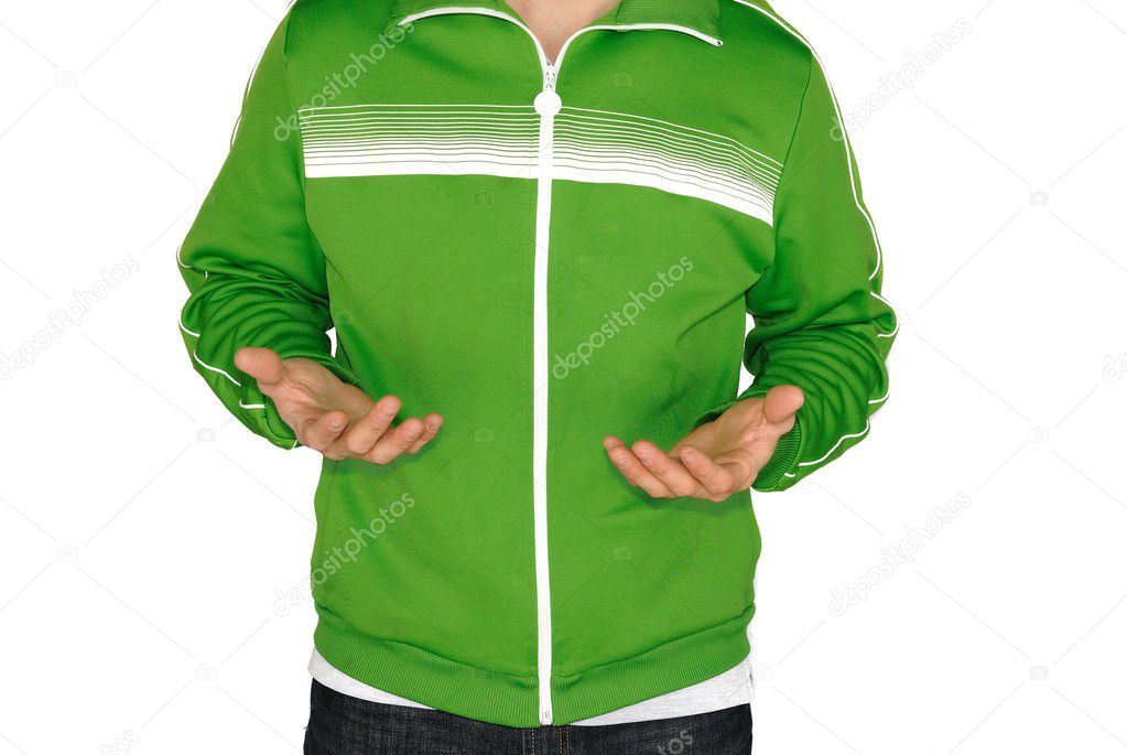 Hand gesture of a man in a tracksuit from the neck down expressing, 