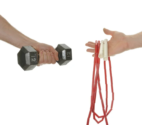 Mãos Segurando Pesos Pular Corda Para Levantamento Peso Cardio — Fotografia de Stock