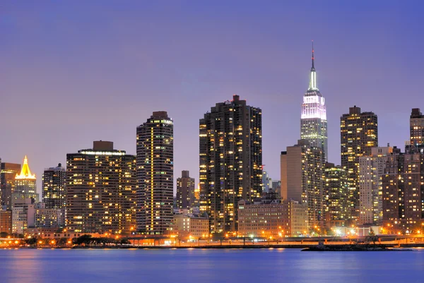 Városkép Midtown Manhattan Éjjel Hudson Folyón — Stock Fotó