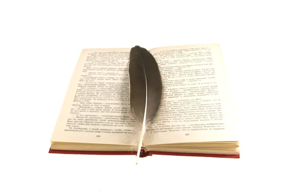 Open book with a feather — Stock Photo, Image