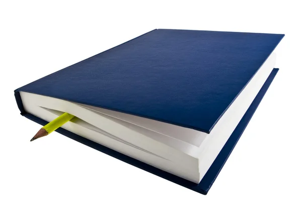 Dark Blue Book Book Mark Pencil White Background — Stock Photo, Image
