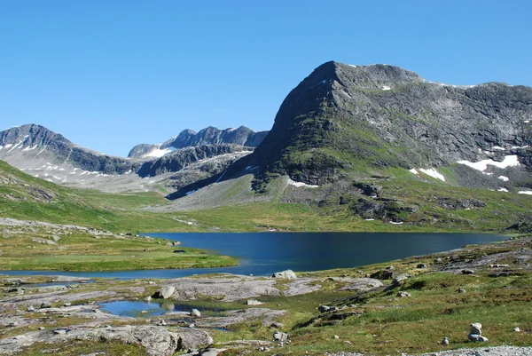 Rio e lago em Trollstigen, Mais og Romsdal, Noruega — Fotografia de Stock