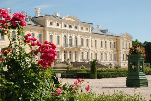 美丽的玫瑰和巴罗克-洛可可风格在背景中的宫殿 — 图库照片#