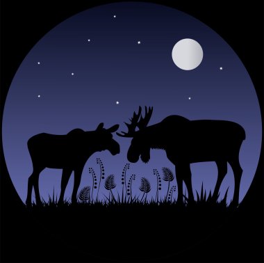 Two elks silhouettes in moonlight clipart