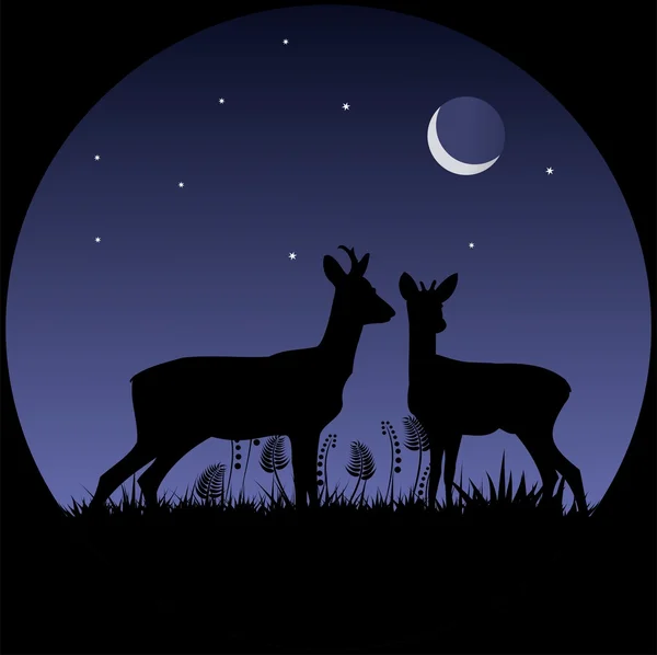 Zwei Hirschsilhouetten im Mondlicht — Stockvektor