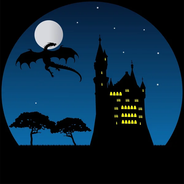 Vieux château et dragon au clair de lune — Image vectorielle