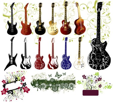 Vector collection of guitars and ornaments clipart