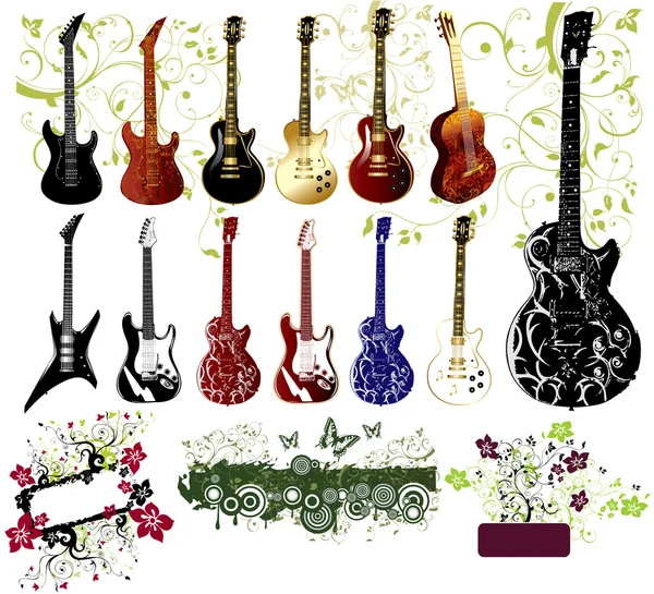 Vector collectie van gitaren en ornamenten — Stockvector