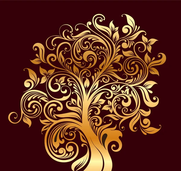 Bel arbre doré avec fleurs et boucles — Image vectorielle