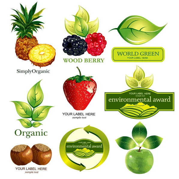 Vektorset Früchte und ökologische Embleme — Stockvektor