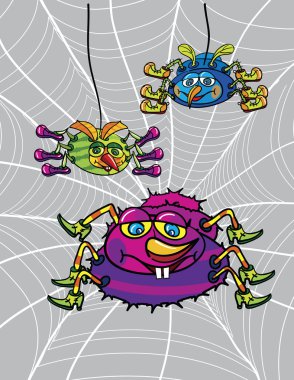 Spiders and net cartoon, abstract vector art illustration clipart