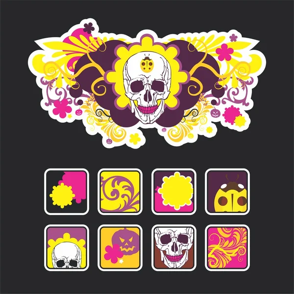 Unusual composition with a skull and icons — Stock Vector