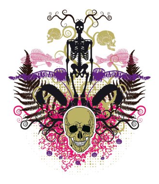 Composition with skeleton, skull and fern clipart