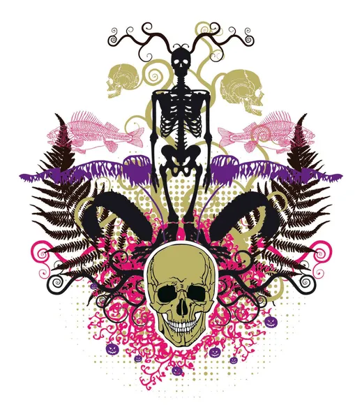Composition with skeleton, skull and fern — Stock Vector