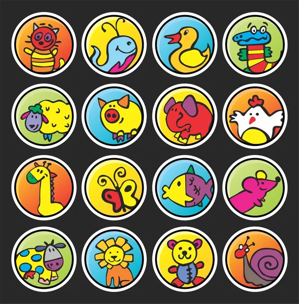 Round buttons with painted animals — Stock Vector