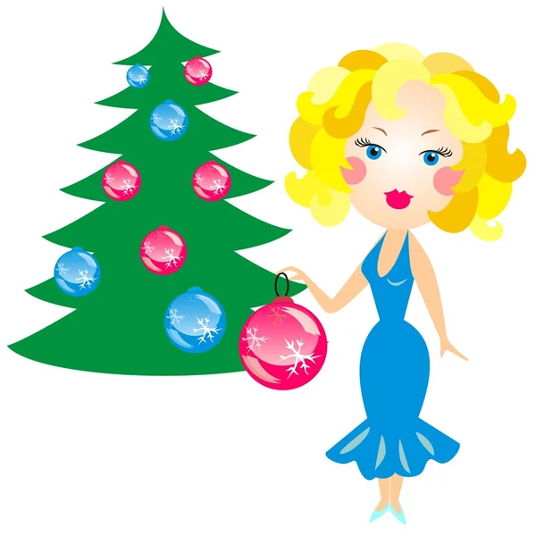 Zarif sarışın mavi elbiseli bir Noel ağacı ile dekore edilmiştir. — Stok Vektör