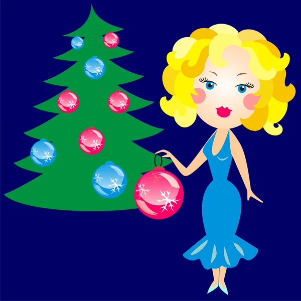 Elegant blonde in a blue dress decorated with Christmas tree — Stock Vector