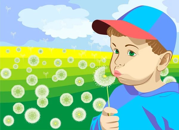 青色の帽子と緑の牧草地の夏にタンポポを吹いての青いジャケットの少年 — ストックベクタ