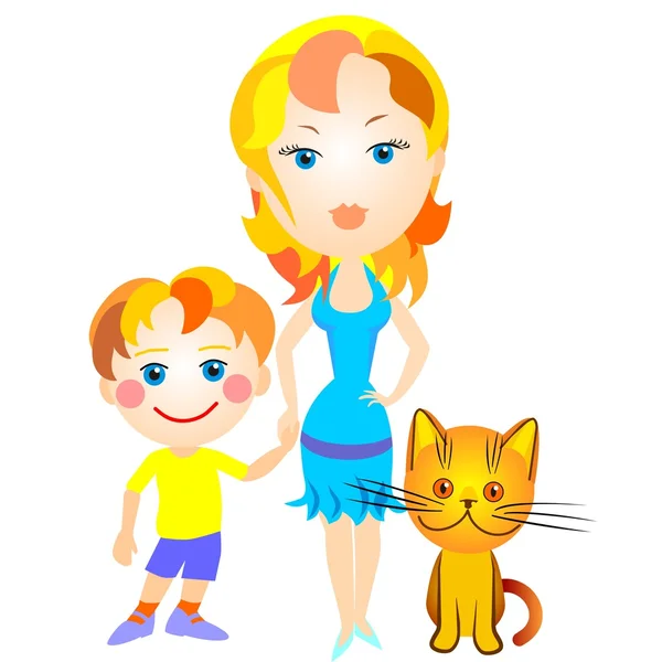 Мать, сын и кошка — стоковый вектор