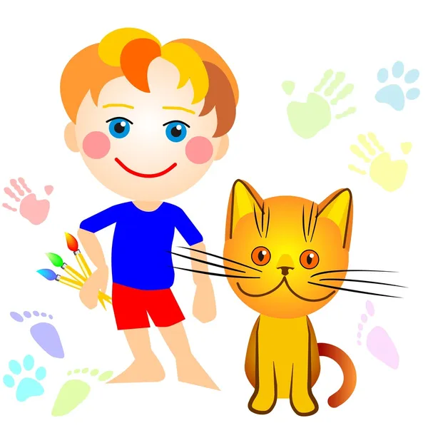 Un garçon et un chat dessinent — Image vectorielle