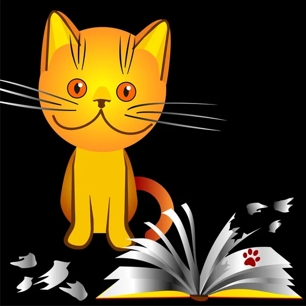 Помаранчева кошеня знущається над книгою — стоковий вектор