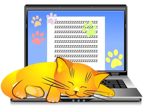 在键盘上睡着了的姜猫打开在白色背景上的银色笔记本电脑 — 图库矢量图片