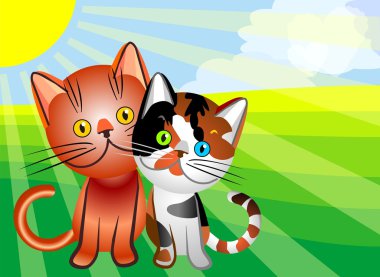 Red cat with tri-colored pussycat in the summer in the meadow, clouds in the form of hearts clipart