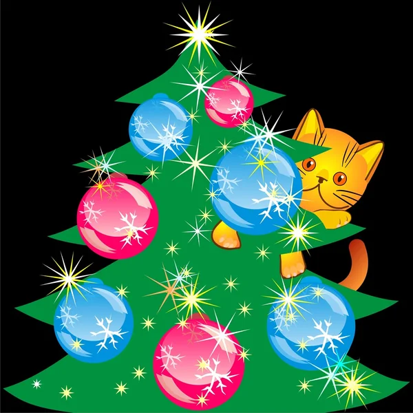 矢量橙色小猫欺负人爬上了圣诞树 — 图库矢量图片
