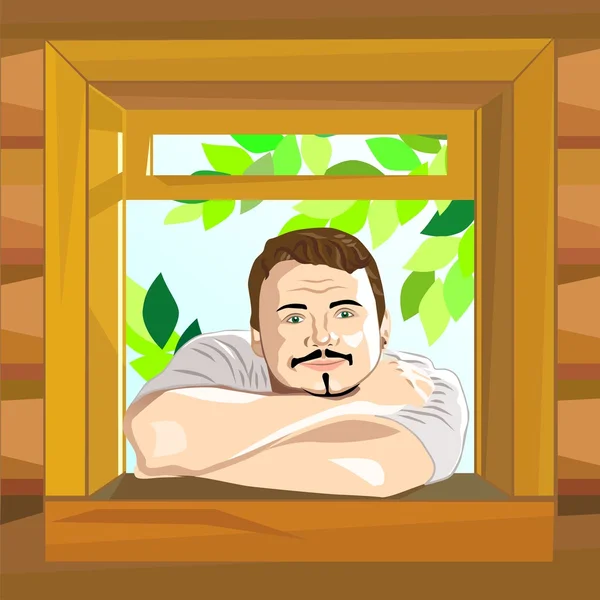 Vector Man olha para a janela de uma casa — Vetor de Stock