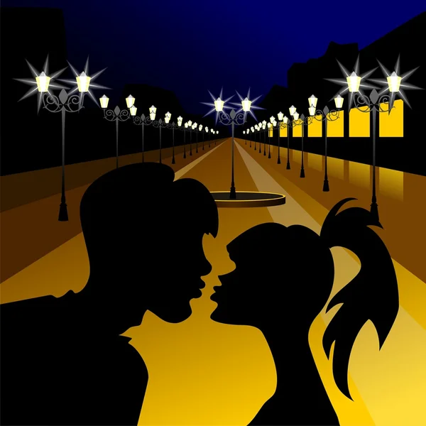 剪影吻一个女孩和一个男人反对晚上用灯笼大道 — 图库矢量图片
