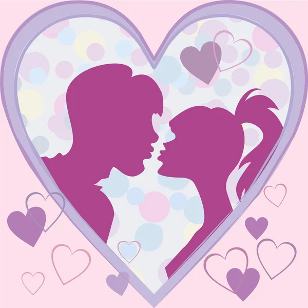 剪影吻女孩和男孩在框架中的心 — 图库矢量图片