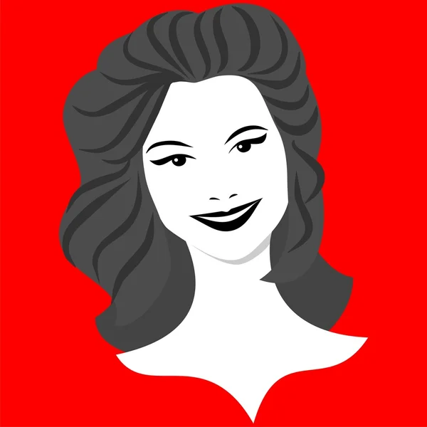 Όμορφη Κοπέλα Μακριά Μαλλιά Χαμογελώντας Ασπρόμαυρη Εικόνα Σχετικά Κόκκινο Φόντο — Διανυσματικό Αρχείο