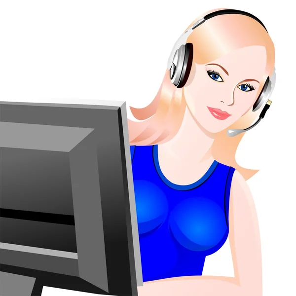 Beautiful Young Girl Smiling Blond Phone Operator Headphones — Stock Vector