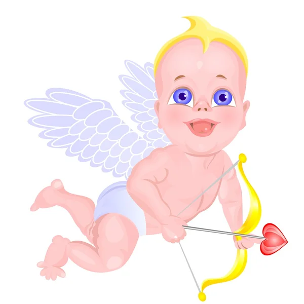 stock vector Mischievous little Cupid flying with a bow in his hands