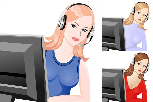 Beautiful Young Girl Smiling Phone Operator Headphones — Stock Vector