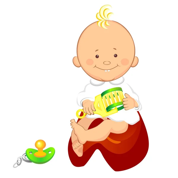 Vector baby with a rattle is sitting on the pot — Stock Vector