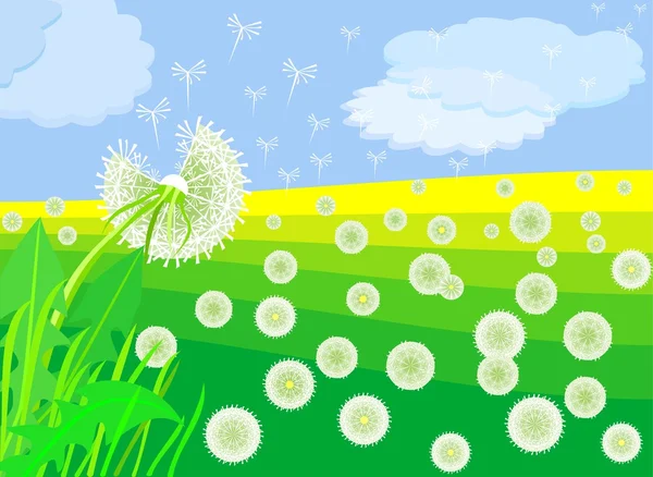 Summer Landscape Beautiful Bright Dandelion Background Sky Meadows — Stock Vector