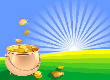 Vector shiny metal pot filled with gold coins on the field against a background of sunrise clipart