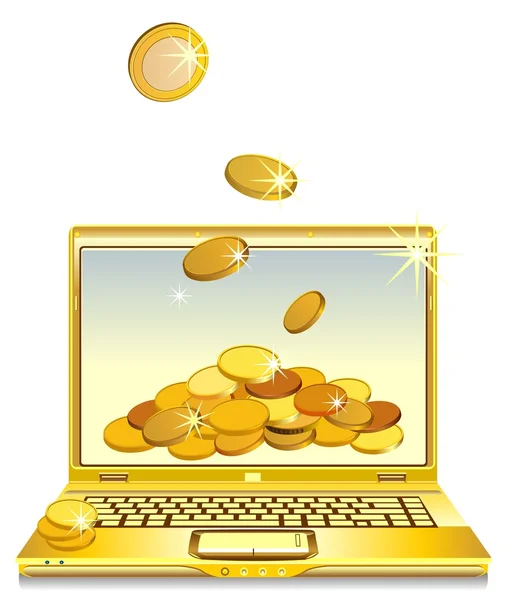 Vektorové otevřený notebook s zlatá mince na obrazovce — Stockový vektor
