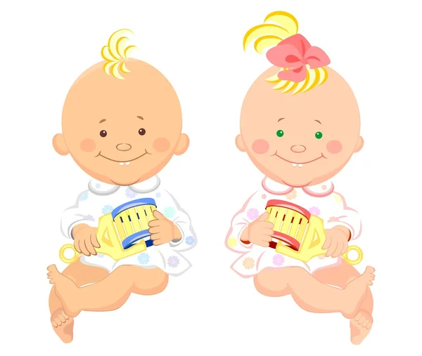 Duas crianças, menino e menina, estão sentados e sorrindo — Vetor de Stock