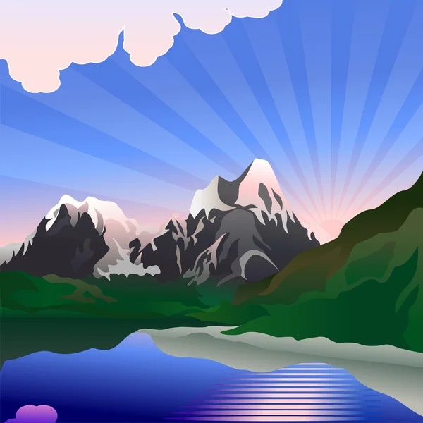 Vector landscape with sunrise over the mountain lake — Stock Vector