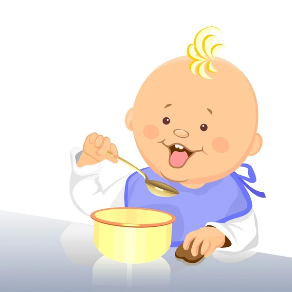 Векторный ребенок ест ложкой из миски — стоковый вектор