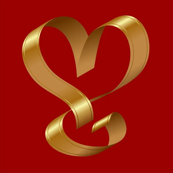 Cinta de oro brillante vectorial en forma de corazón sobre un fondo rojo — Archivo Imágenes Vectoriales