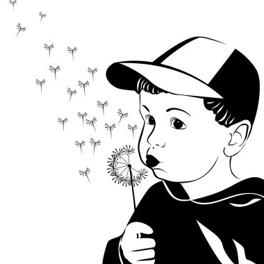 Vector little boy blowing on a dandelion clipart