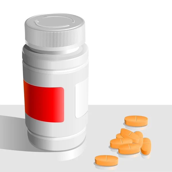 Vector tabletas de color naranja alrededor de los bancos para medicamentos — Vector de stock