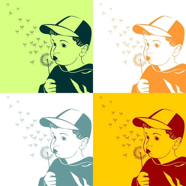 Vector little boy blowing on a dandelion — Stock Vector