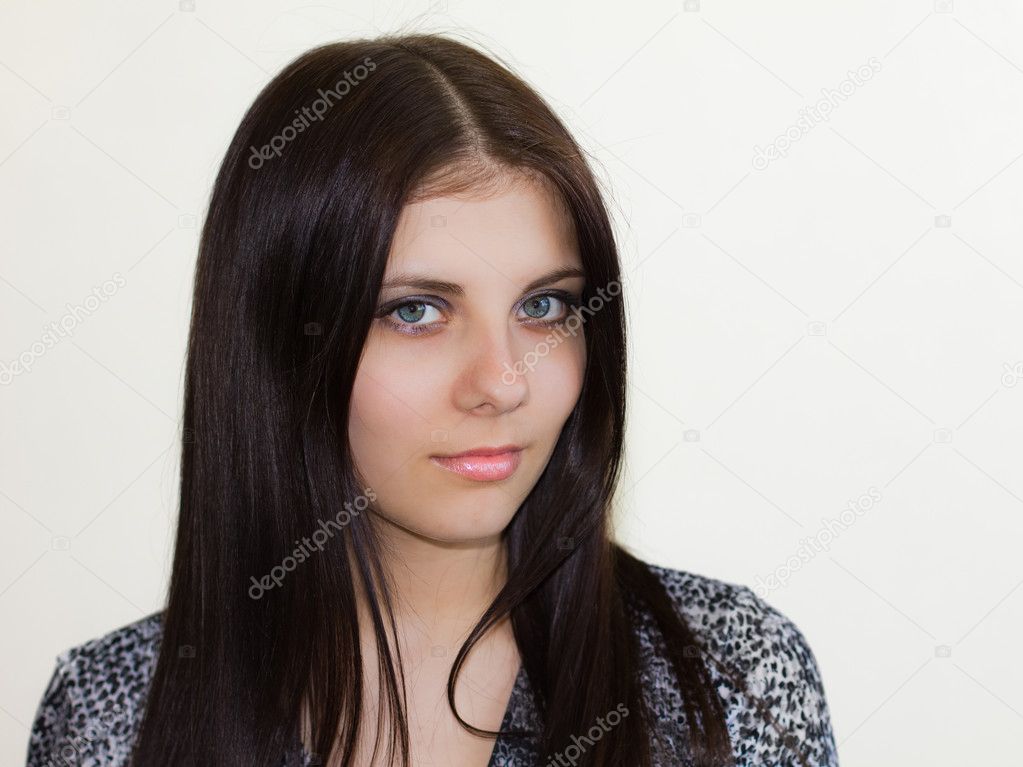 Black Hair Blue Eyed Girl Closeup Portrait Of A Beautiful Black Haired Blue Eyed Girl Stock Photo C Olgacov 5254138