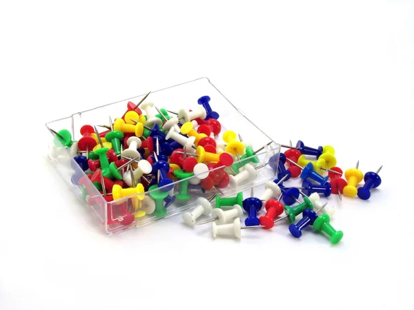 Box of coloured thumbtacks / pins — Stock Photo, Image