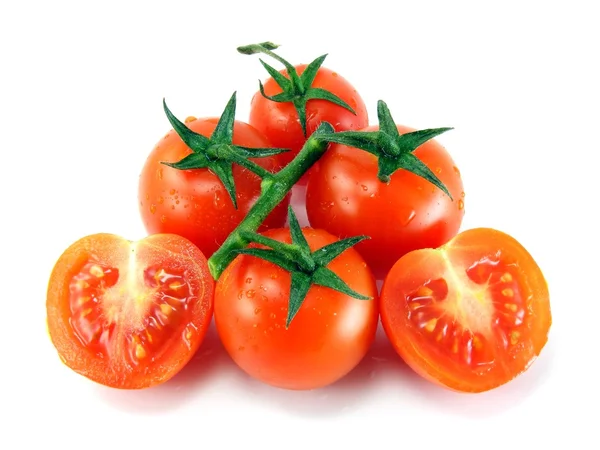 Natte Verse Tomaten Met Stammen Verlaat Witte Achtergrond — Stockfoto