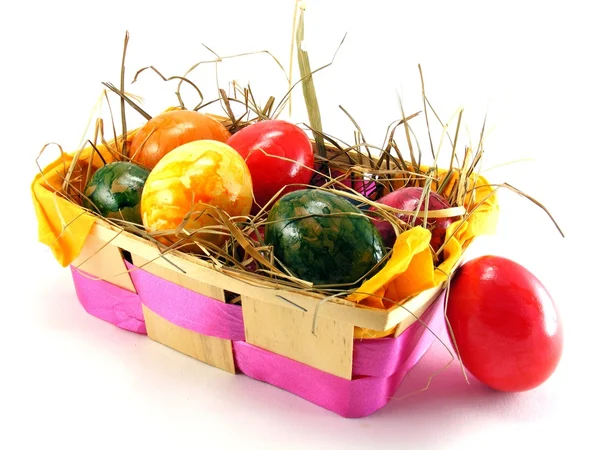 Coloured Painted Shiny Easter Eggs Basket Grass — Stock Photo, Image